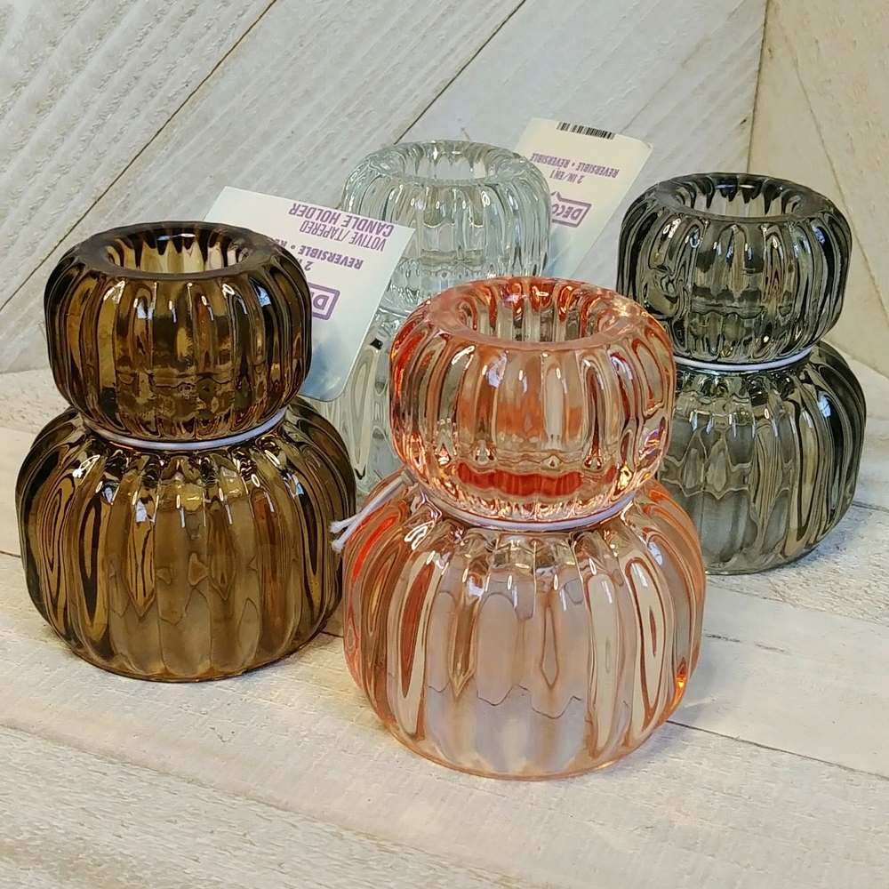 NWT 4 2in1 Elegant Glass Votive Candle Holders Set - Brown, Clear, Pink, Gray
